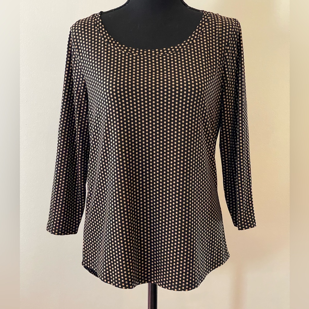 Chicos 0 Black/Tan Polka Dots Back Zipper 3/4 Sleeve Blouse‎